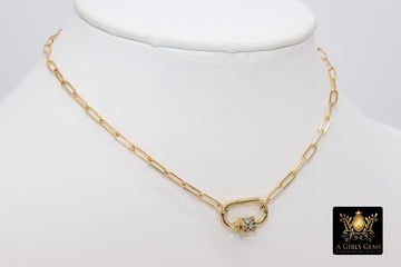 Gold Chain Necklace, 14 K Gold Paperclip Choker, CZ Mini Screw Oval Rainbow Clasp - A Girls Gems